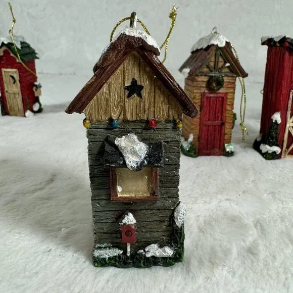 Set of 6 Christmas hanging ornaments Outhouses Resin 3 1/2" tall different style - Picture 8 of 12